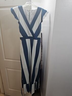 New York & Company Blue and White Striped Wrap Maxi Dress